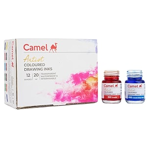 camlin pack of 12 coloured drawing inks in 20 ml bottles