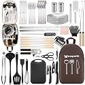 Camping Essentials Cookware Cooking Utensils Set - Portable Camp Kitchen Mess Kit Outdoor Accessories, Stainless Steel & Silicone, Camping Gear Equipment for RV Picnic Grill,Brown Pro