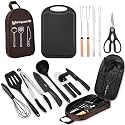 Camping Essentials Cookware Cooking Utensils Set - Portable Camp Kitchen Mess Kit Outdoor Accessories, Stainless Steel & Silicone, Camping Gear Equipment for RV Picnic Grill, Brown
