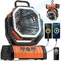 Camping Fan - 20000mAh Battery Powered Fan Rechargeable with LED Lantern - Portable Outdoor Tent Fans with Hanging Hook 4 Speeds Wind Remote Control, Black and Orange