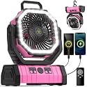 Camping Fan - 20000mAh Battery Powered Fan Rechargeable with LED Lantern - Portable Outdoor Tent Fans with Hanging Hook 4 Speeds Wind Remote Control, Pink