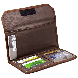 plastic multi-pocket travel organizer amp card holder with zip pouch brownsecure closure compact design lightweight ideal for smart cards id cards and business documents