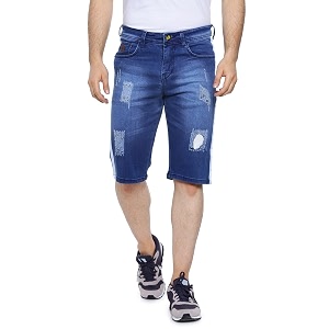 CAHOOT Mens Solid Blue Distressed Denim Shorts