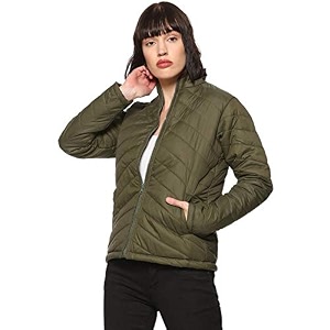 Campus Sutra Womens Olive Green Quilted Puffer