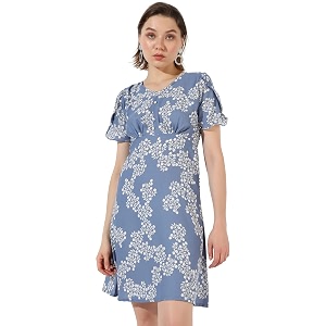 campus sutra women39s blue printed short sleeve knee length regular fit dress for casual wear  v neck dress crafted with comfort fit and high performance for everyday wear