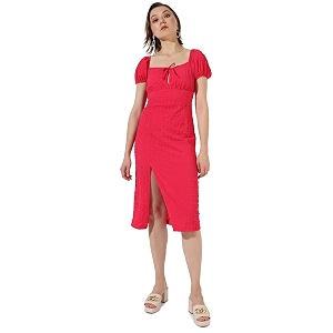 campus sutra women39s solid red short sleeve midi length regular fit dress for casual wear  sweetheart neck dress crafted with comfort fit and high performance for everyday wear