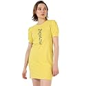 PNACOLADA Women's Yellow Printed Short Sleeve Mini Length Regular Fit Dress for Casual Wear | Crewneck Dress Crafted with Comfort Fit and High Performance for Everyday Wear