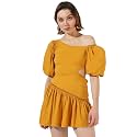 PNACOLADA Women's Solid Mustard Yellow Short Sleeve Mini Length Regular Fit Dress for Casual Wear | Asymmetrical Neck Dress Crafted with Comfort Fit and High Performance for Everyday Wear