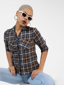 pinacolada women checkered casual dark blue yellow white shirt