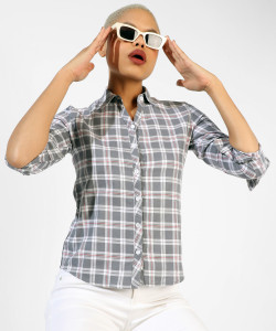 pinacolada women checkered casual grey white maroon shirt
