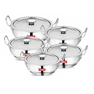 camro kadhai induction bottom with lid set of 5 18 31 4 5 61 liters  gas stove compatible  cookware for deep frying  induction base  stainless steel