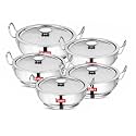 Camro Kadhai Induction Bottom With Lid Set of 5 (1.8, 3.1, 4, 5, 6.1 Liters) | Gas Stove Compatible | Cookware for Deep Frying | Induction Base | Stainless Steel