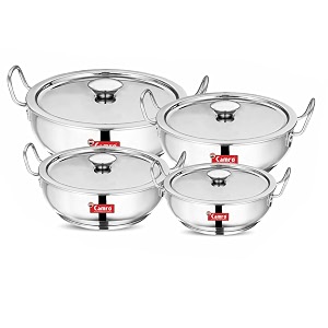induction bottom kadhai with lid set of 4  gas stove compatible  cookware kadhai  kadhai for deep frying  kadai for cooking  stainless steel  31 4 5 amp 61 liters