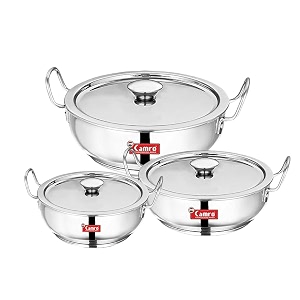 camro stainless steel kadhai set of 3 with lid 4 l 5 l amp 61 litre  heavy gauge induction bottom kadai set  deep frying amp curry cooking cookware  gas stove amp induction cooktop compatible