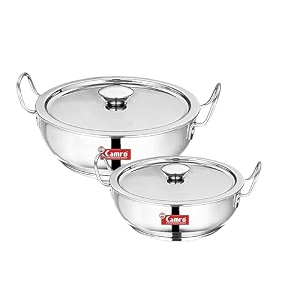 camro kadhai induction bottom with lid 61 amp 4 liters set of 2  gas stove compatible  cookware kadhai  kadhai for deep frying  kadai for cooking stainless steel