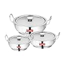 Camro Stainless Steel Kadhai Set of 3 with Lid (4 L, 5 L &amp; 6.1 Litre) | Heavy Gauge Induction Bottom Kadai Set | Deep Frying &amp; Curry Cooking Cookware | Gas Stove &amp; Induction Cooktop Compatible