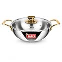 Camro Triply Artisian Kadhai with Glass Lid 6.7 litres| Stainless Steel Kadai for Deep Frying | Kahai for Cooking Induction Base | Cookware Golden Handle Kadai | Gas Stovetop Compatible