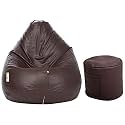 Artificial Leather Express Classic Bean Bag with Foot Stool Filled with Beans (Brown, XXL)