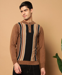 canblar men colorblock mandarin neck brown sweater