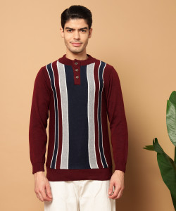 canblar men colorblock mandarin neck maroon sweater
