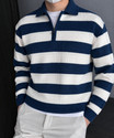 CANBLAR Men Striped Collared Neck Dark Blue