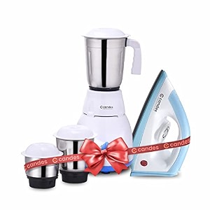 candes mixer grinder with iron combo- 550w mixie for kitchen with 3 stainless steel jars powerful motor efficient steel blades amp 750w electric iron press with 1 year warranty- white amp blue