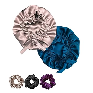 silk hair cap for sleeping with 3 satin scrunchies adjustable satin bonnet for curly hair 2 pack silk bonnet for hair for sleeping satin hair bonnet hair cap blue
