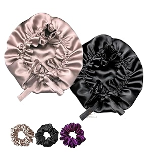 silk hair cap for sleeping with 3 satin scrunchies adjustable bonnet for curly hair reversible satin cap bordeaux purple
