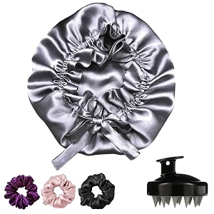 silk hair cap for sleeping with 3 satin scrunchies adjustable satin bonnet for curly hair reversible silk bonnet for hair for sleeping satin hair bonnet hair cap dark silver