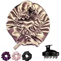 Candibella Silk Hair Cap for Sleeping with 3 Satin Scrunchies, Adjustable Satin Bonnet for Curly Hair, Reversible Silk Bonnet for Hair for Sleeping, Satin Hair Bonnet, Hair Cap (Gold)