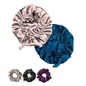 Silk Hair Cap for Sleeping with 3 Satin Scrunchies, Adjustable Satin Bonnet for Curly Hair, 2 Pack Silk Bonnet for Hair for Sleeping, Satin Hair Bonnet, Hair Cap Blue