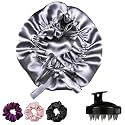 Silk Hair Cap for Sleeping with 3 Satin Scrunchies, Adjustable Satin Bonnet for Curly Hair, Reversible Silk Bonnet for Hair for Sleeping, Satin Hair Bonnet, Hair Cap (Dark Silver)
