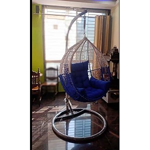 metal candid home single seater swing chair with stand amp cushion outdoor indoor balcony garden patio powder coated frameuv protected wicker premium cushion half white half royal blue