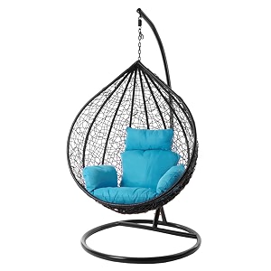 candid home single seater swing chair with stand amp cushion outdoor indoor balcony garden patio powder coated frameuv protected wicker premium cushion black with blue cushions