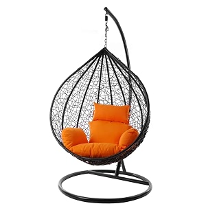 candid home single seater swing chair with stand amp cushion outdoor indoor balcony garden patio powder coated frameuv protected wicker premium cushion black with orange cushion