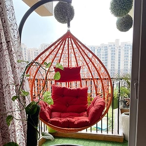 candid home single seater swing chair with stand amp cushion outdoor indoor balcony garden patio powder coated frameuv protected wicker premium cushion red with red cushion