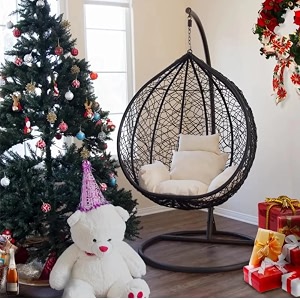 candid home single seater swing chair with stand amp cushion outdoor indoor balcony garden patio powder coated frameuv protected wicker premium cushion black with cream offwhite cushions