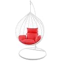 Candid Home Single Seater Swing Chair with Stand &amp; Cushion Outdoor Indoor Balcony Garden Patio, Powder Coated Frame,UV Protected Wicker, Premium Cushion (White with REd Cushion)
