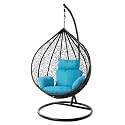 Candid Home Single Seater Swing Chair with Stand &amp; Cushion Outdoor Indoor Balcony Garden Patio, Powder Coated Frame,UV Protected Wicker, Premium Cushion (Black with Blue Cushions)