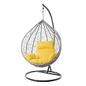Candid Home Single Seater Swing Chair with Stand &amp; Cushion Outdoor Indoor Balcony Garden Patio, Powder Coated Frame,UV Protected Wicker, Premium Cushion (White with Yellow Cushion)