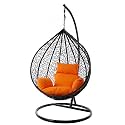 Candid Home Single Seater Swing Chair with Stand &amp; Cushion Outdoor Indoor Balcony Garden Patio, Powder Coated Frame,UV Protected Wicker, Premium Cushion (Black with Orange Cushion)
