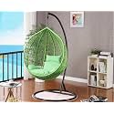 Candid Home Single Seater Swing Chair with Stand &amp; Cushion Outdoor Indoor Balcony Garden Patio, Powder Coated Frame,UV Protected Wicker, Premium Cushion (Green with Green Cushion)