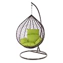 Candid Home Single Seater Swing Chair with Stand &amp; Cushion Outdoor Indoor Balcony Garden Patio, Powder Coated Frame,UV Protected Wicker, Premium Cushion (Black with Green Cushion)