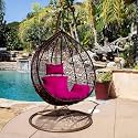 Candid Home Single Seater Swing Chair with Stand &amp; Cushion Outdoor Indoor Balcony Garden Patio, Powder Coated Frame,UV Protected Wicker, Premium Cushion (Black with Pink Cushions)