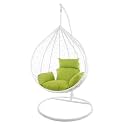 Candid Home Single Seater Swing Chair with Stand &amp; Cushion Outdoor Indoor Balcony Garden Patio, Powder Coated Frame,UV Protected Wicker, Premium Cushion (White with Green Cushion)