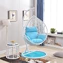Candid Home Single Seater Swing Chair with Stand & Cushion Outdoor Indoor Balcony Garden Patio, Powder Coated Frame,UV Protected Wicker, Premium Cushion (White wth SkyBlue Cushion)