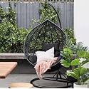 Metal Candid Home Single Seater Swing Chair With Stand&amp;Cushion Outdoor Indoor Balcony Garden Patio,Powder Coated Frame,Uv Protected Wicker,Premium Cushion(Black With Black Cushions),105 Cm,98 Cm,3 Cm