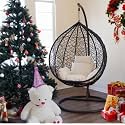 Candid Home Single Seater Swing Chair with Stand &amp; Cushion Outdoor Indoor Balcony Garden Patio, Powder Coated Frame,UV Protected Wicker, Premium Cushion (Black with Cream offwhite Cushions)