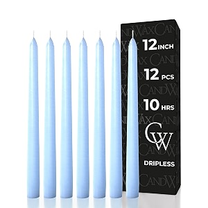 candwax 12 inch taper candles set of 12 - dripless and smokeless - unscented - slow burning - perfect for christmas and weddings - baby blue