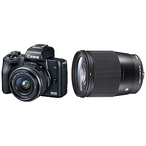 canon eos m50 241mp mirrorless camera black with ef-m 15-45 is stm lens  sigma 16mm f14 dc dn contemporary lens